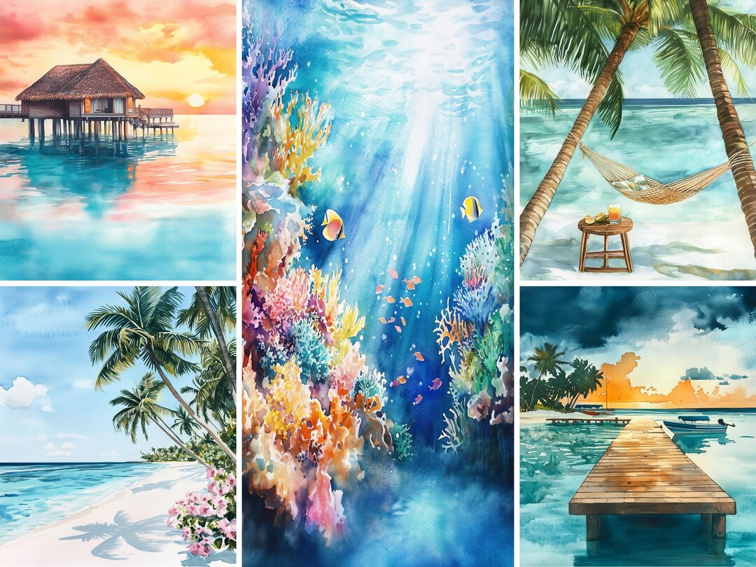Maldives Tropical Beach Wall Art Set of 5, Turquoise Ocean Watercolor ...