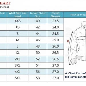 May include: A men's size chart with measurements in inches. The chart includes chest size, jacket size, and sleeve length, ranging from XXS to 5XL. An illustration shows how to measure chest circumference and sleeve length.