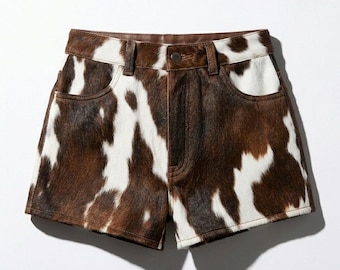 Handmade Cow Print Leather Shorts: High Waist Western Fashion