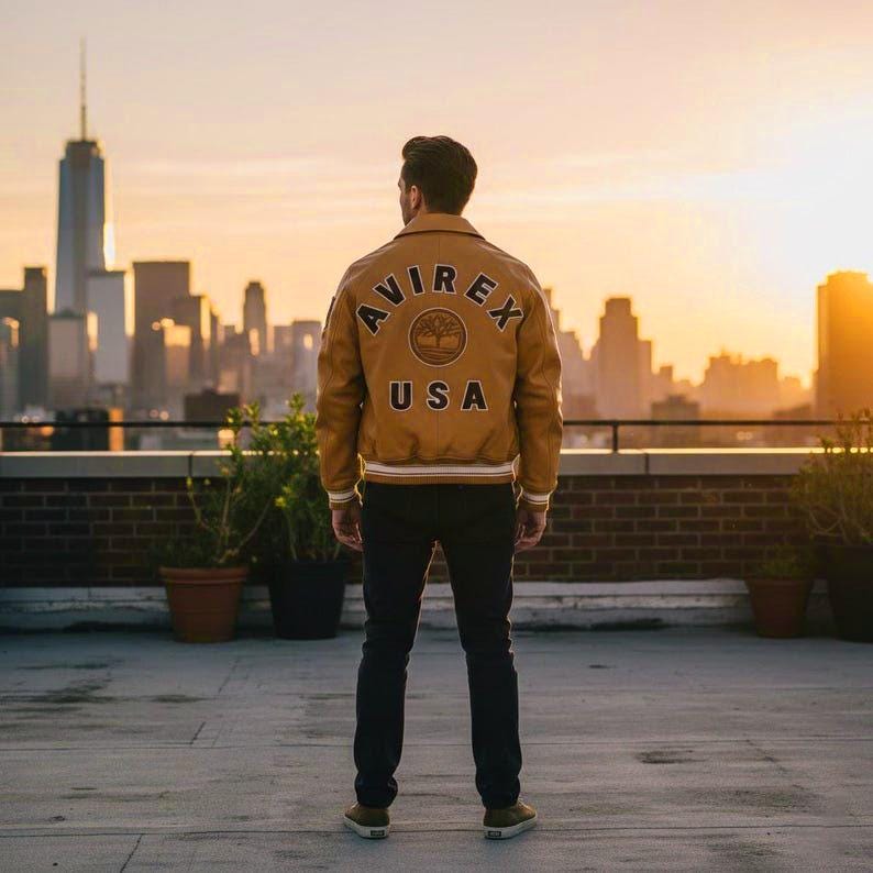 May include: A tan bomber jacket with the text "AVIREX USA" on the back. The jacket has a brown collar and white and brown striped cuffs and hem. The person is standing on a rooftop overlooking a city skyline at sunset.