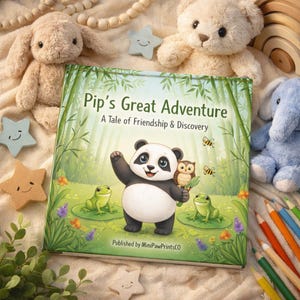 Könnte beinhalten: Ein Kinderbuch mit dem Titel "Pips großes Abenteuer" mit einer Panda-Illustration. Das Cover zeigt einen Panda, eine Eule und zwei Frösche in einer Waldkulisse. Kuscheltiere, Holzsterne und Buntstifte umgeben das Buch.