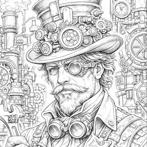 May include: Detailed black and white illustration of a steampunk character. The figure wears a top hat adorned with gears, goggles, and a vest with intricate mechanical details. He holds a wrench, set against a backdrop of industrial machinery.