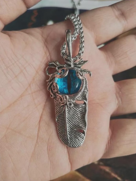 Orgone Feather Pendant | Blue Dragon Eye Vortex Necklace