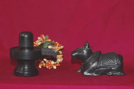 Handmade Orignal Black Ebony Wood Shiva Lingam with Nandi Statue, Karungali Kat+gift
