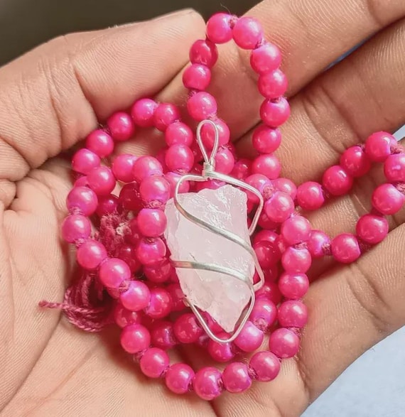 Raw Rose Quartz Necklace, Pink Beaded Necklace, Silver Wire Wrapped Crystal Pendant