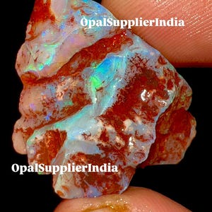 Könnte beinhalten: Ein roher Opal-Edelstein mit einer Mischung aus Farben, darunter Weiß, Rot und Blau. Der Stein hat eine strukturierte Oberfläche und der Text "OpalSupplierIndia" ist sichtbar. Der Opal wird vor einem schwarzen Hintergrund gehalten.