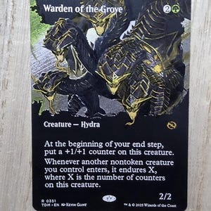 May include: A rectangular trading card titled Warden of the Grove featuring a black and gold multi-headed hydra illustration. The card text includes Creature - Hydra, game rules, a 2/2 power and toughness, and the year 2025 Wizards of the Coast.