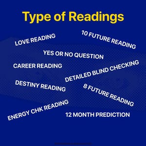 May include: A blue graphic with the text "Type of Readings" in yellow. The image lists various reading types, including "Love Reading," "Career Reading," and "10 Future Reading."