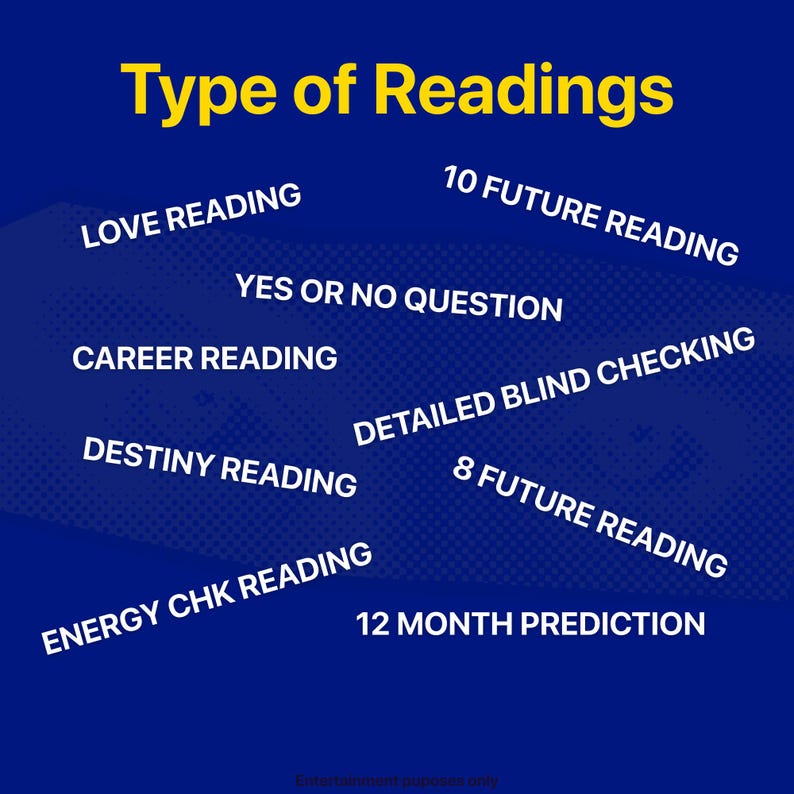 May include: A blue graphic with the text "Type of Readings" in yellow. The image lists various reading types, including "Love Reading," "Career Reading," and "10 Future Reading."