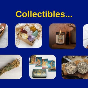 May include: An assortment of collectibles, including crystals, a lit candle, tarot cards, and decorative pins. The image features a variety of items, each with unique designs and colors, arranged against a blue background. The text "Collectibles..." is displayed in yellow.