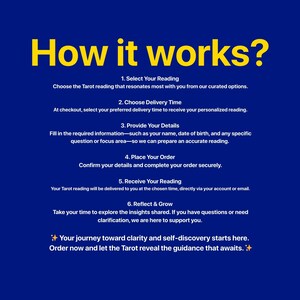 May include: A blue graphic with yellow text that reads "How it works?" followed by six steps. The steps describe the process of selecting a tarot reading, providing details, and receiving the reading. The text also includes a call to action.
