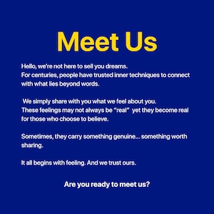 May include: A navy blue graphic with the words "Meet Us" in yellow. The text below states: "Hello, we're not here to sell you dreams... Are you ready to meet us?"