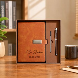 May include: A tan leather-effect notebook with a silver magnetic clasp and the engraved text Dr. Jackson Ph.D. 2026, presented in a gift box alongside a matching metal pen and a single ink refill cartridge, all arranged in a structured display.
