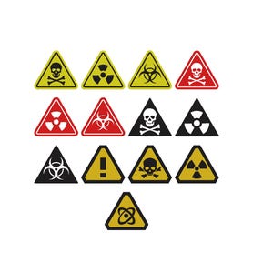 Puede incluir: Una colección de trece pegatinas de advertencia triangulares con varios símbolos de peligro, incluyendo calaveras con tibias cruzadas, signos de radiación, iconos de riesgo biológico y un signo de exclamación, en amarillo, rojo, negro y blanco.