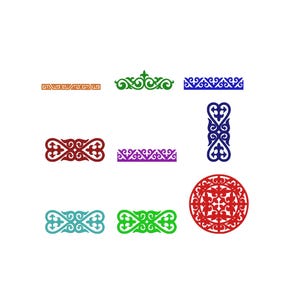May include: A collection of nine distinct decorative ornaments featuring intricate scrollwork and geometric patterns in various colors including orange, green, blue, red, purple, and teal, arranged in a grid-like formation on a white background.