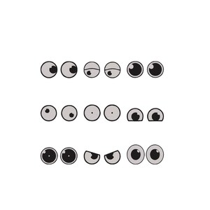 May include: A collection of nine pairs of cartoon eyes arranged in a three-by-three grid. Each pair features distinct expressions, including wide-open, squinting, looking sideways, and half-closed eyelids, all rendered in black and white line art.