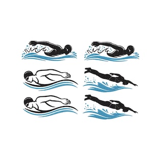 May include: An embroidery design featuring six swimming figures arranged in two columns. The top two show black silhouettes of swimmers in blue water, the middle two show white outlines of swimmers, and the bottom two show black silhouettes.