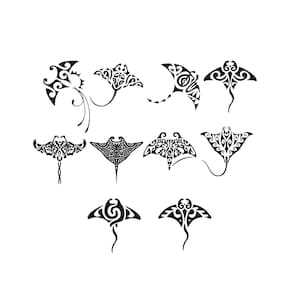 May include: A collection of ten black and white graphic illustrations featuring manta rays. Each ray is depicted with intricate, symmetrical tribal-style patterns, flowing lines, and distinct tail shapes arranged in three rows against a plain background.