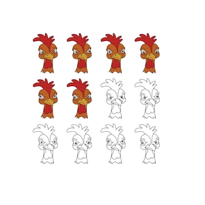 May include: A collection of cartoon rooster heads in various styles. Some are colored with red, orange, and yellow, while others are outlined in black and white. The roosters have a stern expression.