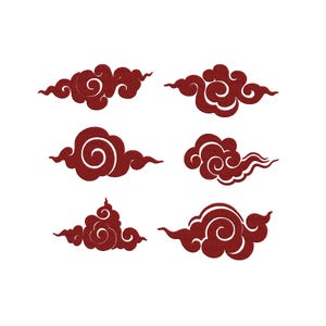 Könnte beinhalten: Sechs stilisierte maroonfarbene Wolken-Designs auf weißem Hintergrund. Jede Wolke weist wirbelnde Muster und unterschiedliche Formen auf, die Bewegung und traditionelle asiatische Kunst evozieren.
