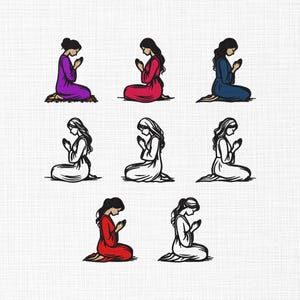 May include: A collection of illustrations depicting a person kneeling in prayer. The images feature variations in color, including purple, red, and blue, as well as black and white line art. The figures are kneeling with hands clasped in front.