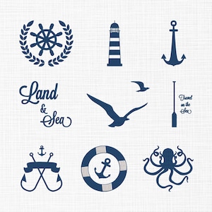 May include: Navy blue nautical-themed illustrations on a white background. The image includes a ship's wheel, lighthouse, anchor, seagull, oar, life preserver, octopus, and text that reads "Land & Sea" and "Travel on the Sea".