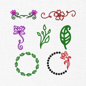 May include: A collection of floral and botanical design elements in green, purple, and red. Includes a floral border, a lotus flower, a leaf, a sprig, and two circular frames, one with leaves and the other with dots and a flower.
