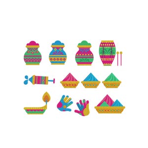 May include: Colorful illustrations of Holi festival elements. The image features decorated pots, powder bowls, a water gun, a lamp, handprints, and a drum with drumsticks. The designs incorporate vibrant colors like pink, green, blue, and yellow.