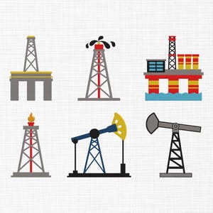 May include: A collection of six colorful illustrations of oil rigs and derricks. The designs include various styles, such as a rig with a flame, a rig with oil spurting, and an offshore platform.