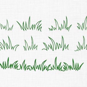 May include: Green line art illustrations of grass clumps on a white background. The image features various arrangements of grass, with different heights and shapes. The design is simple and suitable for various craft projects.