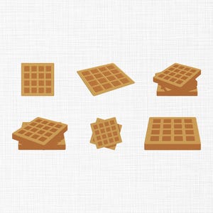 Puede incluir: Ilustración de varios gofres de color marrón dorado, algunos apilados, otros individuales, sobre un fondo blanco. Los gofres tienen forma cuadrada con un patrón de cuadrícula, lo que sugiere un tema de desayuno o postre.
