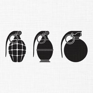 May include: Three black silhouette images of grenades. The grenades have different shapes and textures, including a segmented, a cylindrical, and a spherical design. Each grenade features a pull ring and lever.
