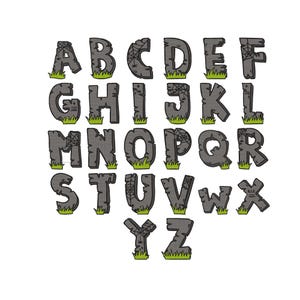 May include: A full alphabet of gray tombstone-style letters, each with a cracked texture and green grass at the base. Some letters feature spiderwebs. The letters are arranged in rows on a white background, perfect for Halloween-themed crafts.