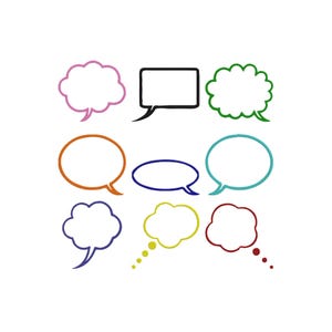 Pode incluir: Nove balões de fala coloridos em várias formas e cores, incluindo rosa, preto, verde, laranja, azul e amarelo. As bolhas são delineadas e têm um interior branco, sugerindo uma conversa ou um processo de pensamento.