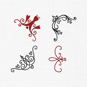May include: Four decorative corner designs in red and black on a white background. The designs feature swirling lines, hearts, and floral elements. Perfect for scrapbooking, invitations, or other craft projects.