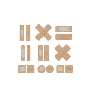 May include: Assortment of adhesive bandages in various shapes and sizes, including rectangular, square, and circular. The bandages are beige with a central absorbent pad and are arranged on a white background.