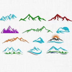 May include: A collection of stylized mountain range illustrations in various colors, including teal, green, burgundy, purple, orange, and blue. Some designs feature sun and tree elements, suitable for outdoor or nature-themed projects.