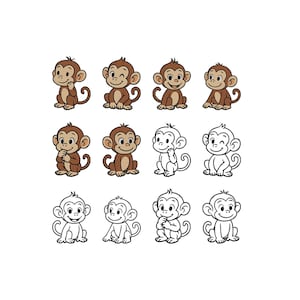 May include: A collection of twelve cartoon monkey illustrations. The monkeys are in various poses, some colored in brown and tan, and others are outlined in black and white. The monkeys have smiling faces and are sitting or standing.