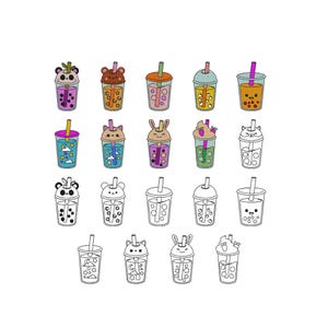 Puede incluir: Ilustraciones de bubble tea coloridas. Cada taza presenta un diseño diferente con temática de animales, incluyendo pandas, osos, gatos y conejos. Las bebidas son de varios colores, con pajitas y tapas.