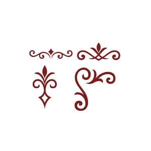 Pode incluir: Uma coleção de quatro elementos decorativos e volutas distintos em vermelho escuro. O conjunto inclui dois divisores horizontais, um ornamento vertical simétrico com uma ponta em diamante e uma peça de canto com linhas curvas.