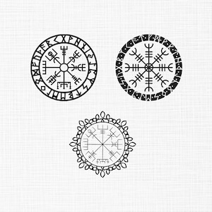 May include: Three black Viking compass designs on a white background. The compasses are circular, with intricate geometric patterns and runic symbols. One compass has a border of runes, another has a border of small shapes, and the third has a floral-like border.