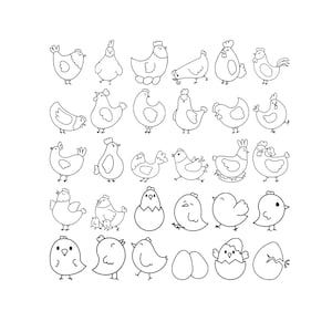 May include: A monochrome illustration featuring a variety of chicken drawings. The image showcases different chicken poses, such as standing, sitting, and hatching from eggs. The style is simple and suitable for craft or design projects.