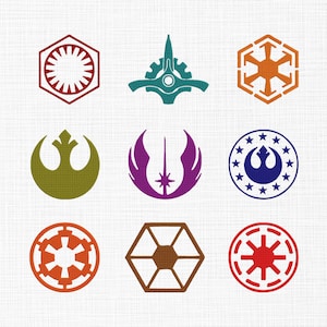 May include: Nine colourful, stylised logos on a white background. The logos include geometric shapes and symbols in shades of red, orange, green, blue, and purple. The image has a clean, minimalist aesthetic, suitable for fans of science fiction.