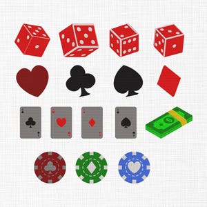 May include: A set of casino-themed illustrations. The image shows four red dice, playing card suits (hearts, clubs, spades, diamonds), three playing cards, a stack of green money, and three casino chips in red, green, and blue.