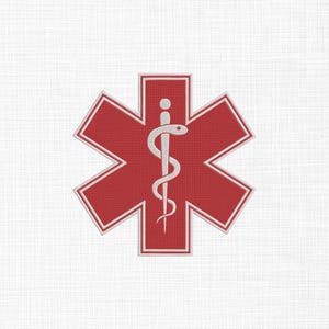 May include: A red Star of Life emblem, a six-pointed star with a white border, and a white staff with a serpent wrapped around it. The emblem is commonly used to identify emergency medical services.
