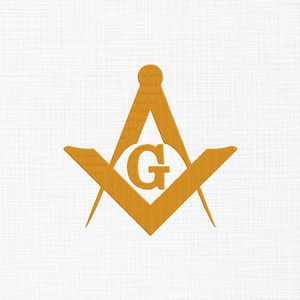 May include: A gold-colored Masonic symbol, featuring a compass and a square, with the letter "G" in the center. The symbol is set against a white, textured background, creating a simple yet striking design.