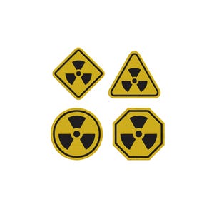 May include: Four yellow and black radiation hazard symbols in different shapes: a square, a triangle, a circle, and an octagon. Each symbol features a black trefoil design, indicating the presence of ionizing radiation.