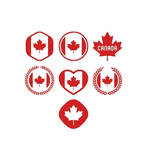 May include: A collection of red Canadian flag designs in various shapes, including a hexagon, circle, maple leaf, heart, and square. Some designs feature a maple leaf within a circle or wreath, and one has the word "CANADA".
