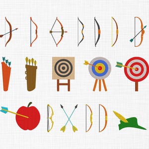 May include: A set of archery-themed illustrations. The image shows different bows, arrows, quivers, and targets in a cartoon style. The colour scheme includes shades of brown, orange, yellow, red, and green. The designs are suitable for crafts, stickers, or educational materials.