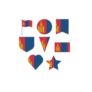 Puede incluir: Una colección de iconos con la bandera de Mongolia en varias formas, incluyendo una bandera estándar en un mástil, un círculo, un banderín, un escudo, un triángulo, un rectángulo, un corazón y una estrella, con el emblema rojo, azul y amarillo.